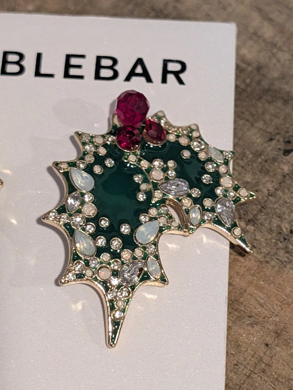 BaubleBar Dark Green Enamel and Ruby Crystal Holly Leaf Stud Earrings